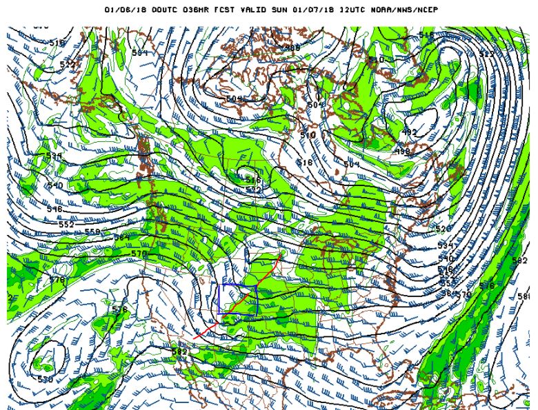 500 mb Winds and Humidity on Sunday morning