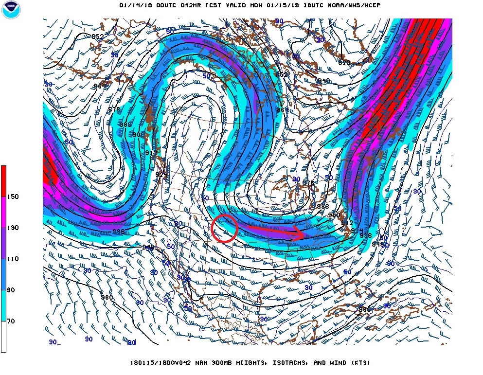 Atmospheric lift over Colorado due to a jet streak on Monday, January 16